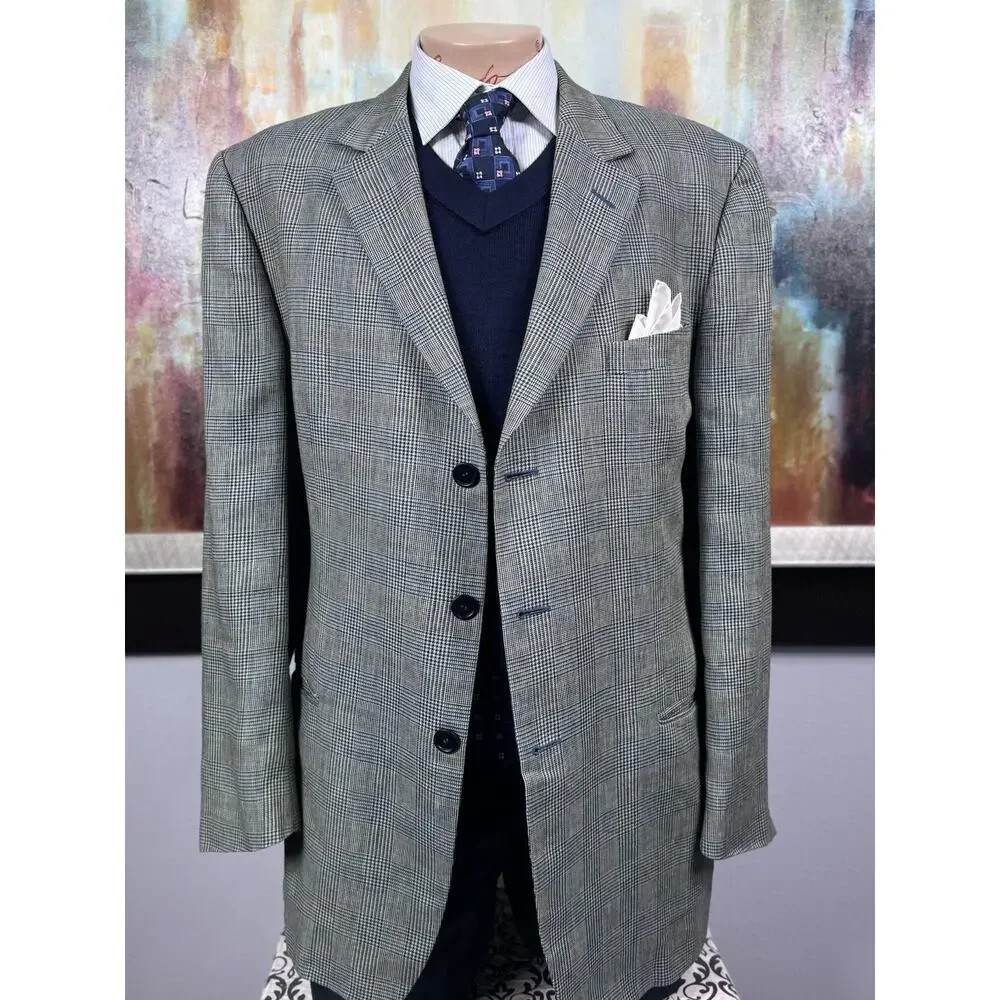 Ermenegildo Zegna Soft Blue Tan Glen Plaid Linen Wool Mohair Sport Coat 46R 56IT